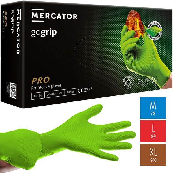 Нитриловые перчатки Cупер прочные GoGrip Mercator Medical, плотность 9.9 г. - зеленые (50шт/25пар) 002291 фото