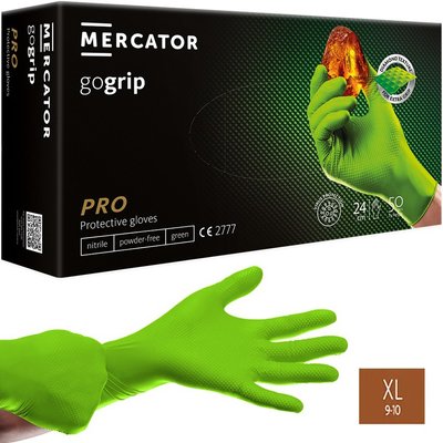 Нитриловые перчатки Cупер прочные GoGrip Mercator Medical, плотность 9.9 г. - зеленые (50шт/25пар) XL (9-10) 002294 фото