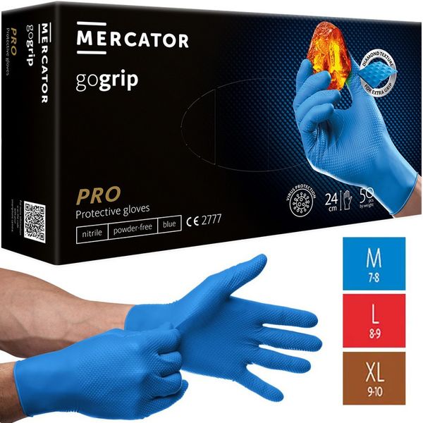 Нитриловые перчатки Cупер прочные GoGrip Mercator Medical, плотность 7.2 г. - голубые (50шт/25пар) 002287 фото